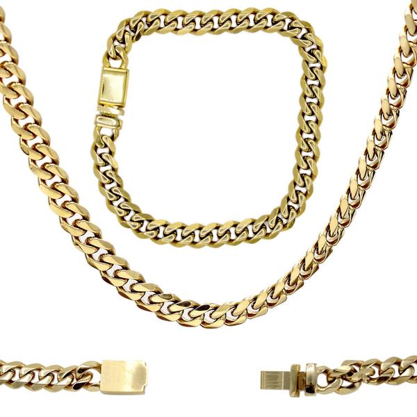 Miami Cuban Link Necklace Bracelet Set 18k Gold Plated Stainless Steel Fashion Jewelry